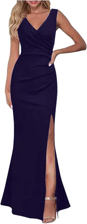 Black Midi Dress For Women Elegant Sleeveless V Neck Split Evening Gown For Women Long Formal Women's Formal