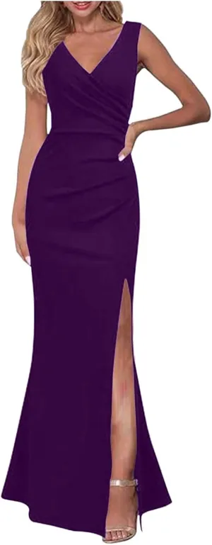 Black Midi Dress For Women Elegant Sleeveless V Neck Split Evening Gown For Women Long Formal Women's Formal