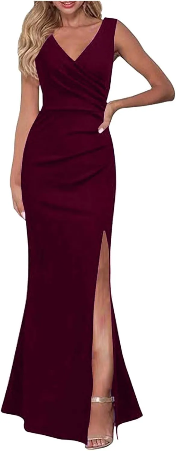 Black Midi Dress For Women Elegant Sleeveless V Neck Split Evening Gown For Women Long Formal Women's Formal