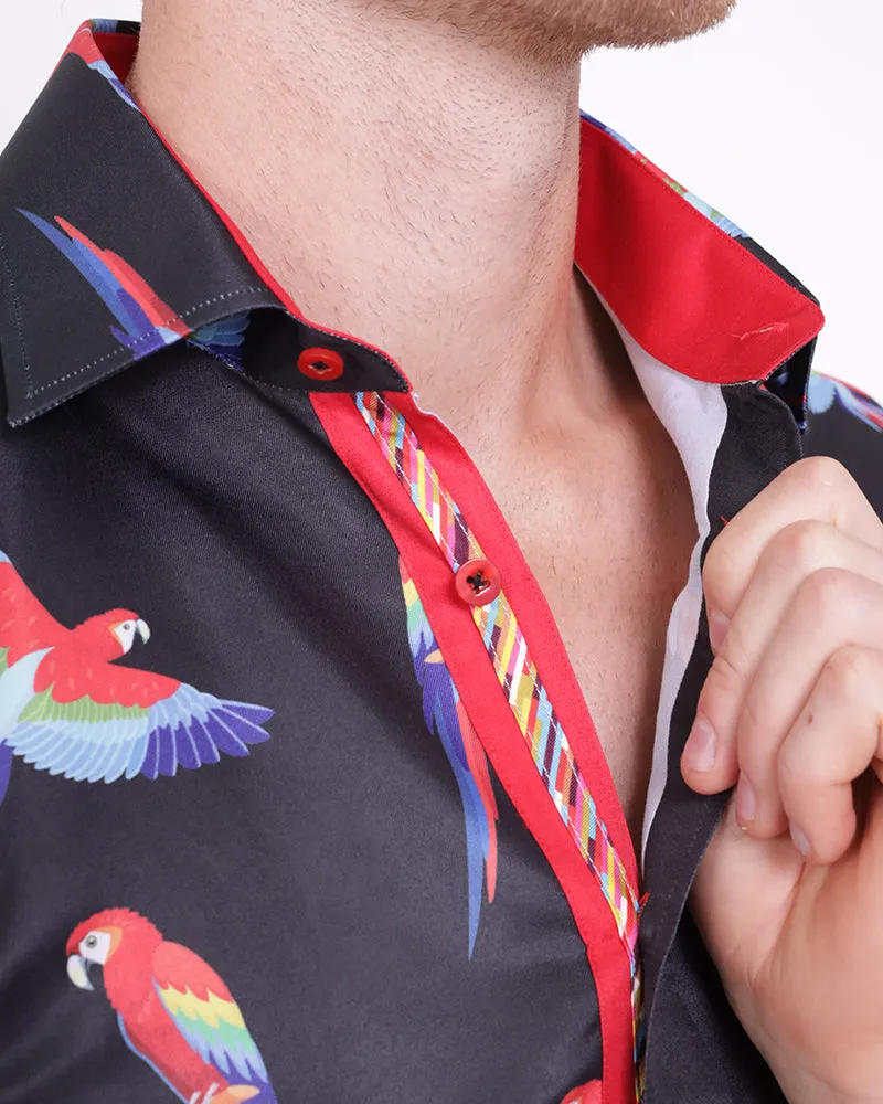 Black Shirt Flying Parrot Print