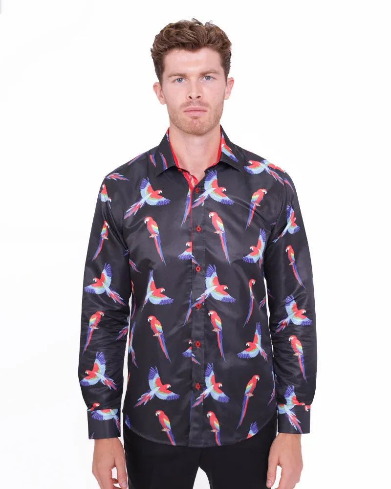 Black Shirt Flying Parrot Print