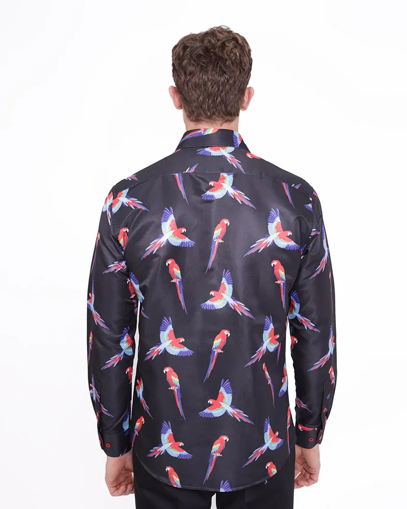 Black Shirt Flying Parrot Print