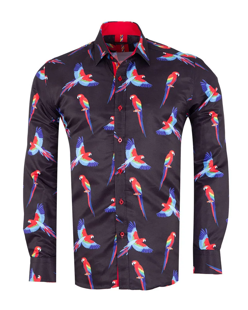 Black Shirt Flying Parrot Print