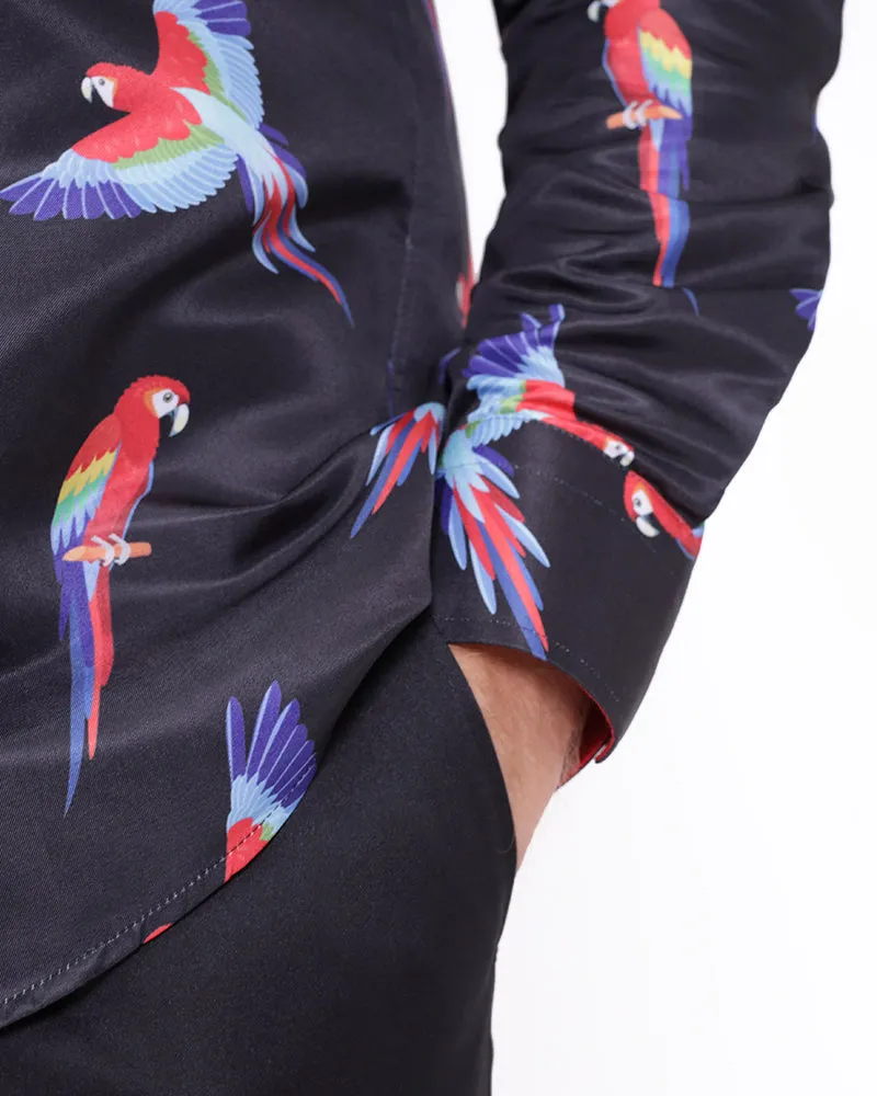 Black Shirt Flying Parrot Print