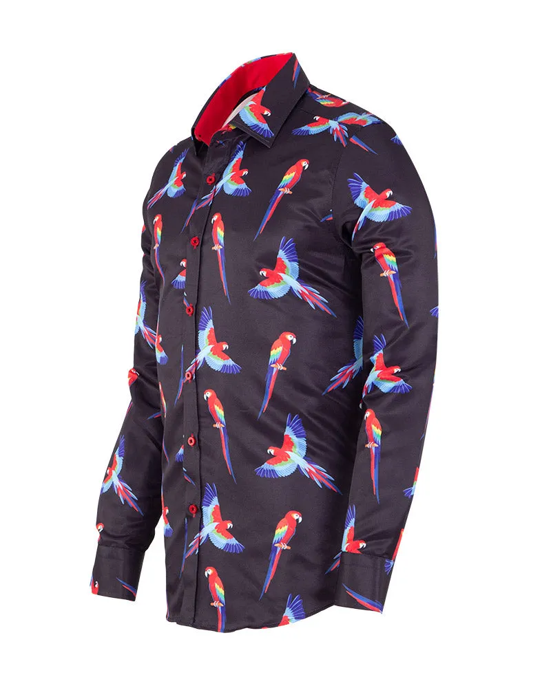 Black Shirt Flying Parrot Print