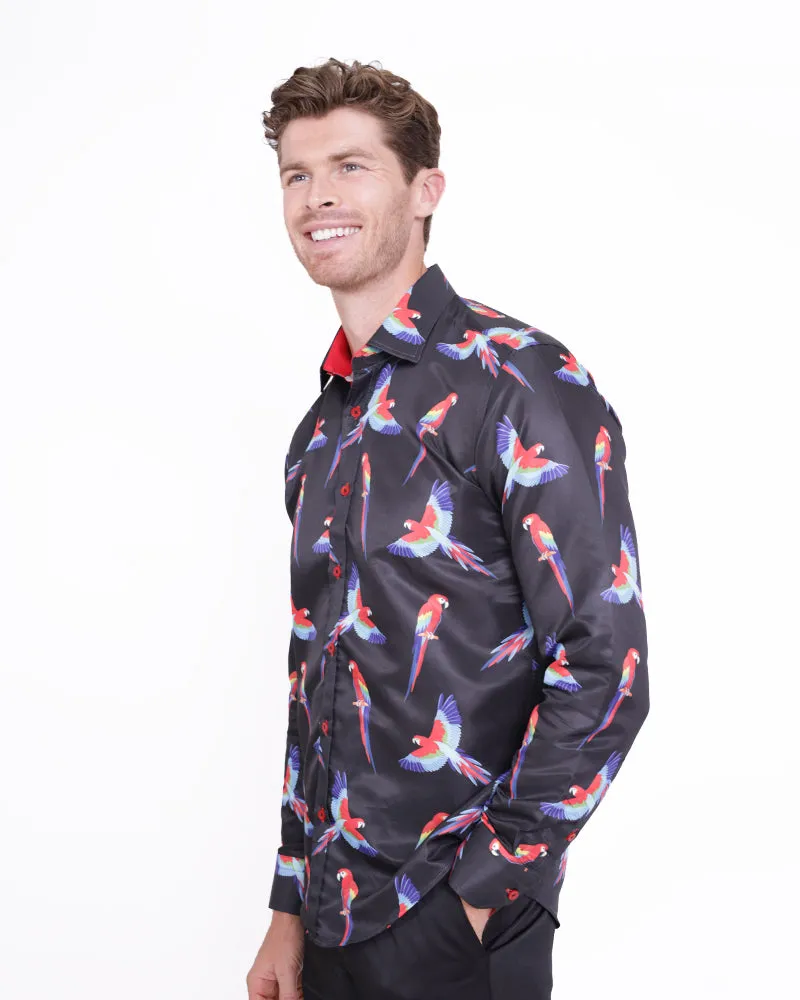 Black Shirt Flying Parrot Print