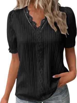 Blouses for Women Dressy Casual Short Sleeve Business Work Shirt Ladies Lace V Neck Summer Tee Tunic Tops