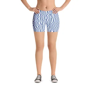 Blue Curvy Women's Shorts, Best White Abstract Wavy Short Gym Tights-Made in USA/EU/MX