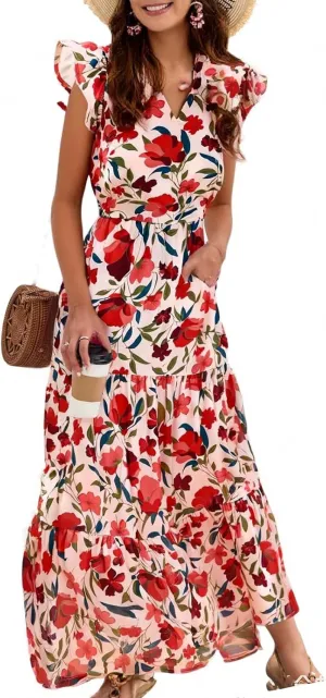 Boho Dresses for Women,2025 Summer Trendy Floral Beach Vacation Dress,Elegant V Neck Cap Sleeve Flowy Midi Dress