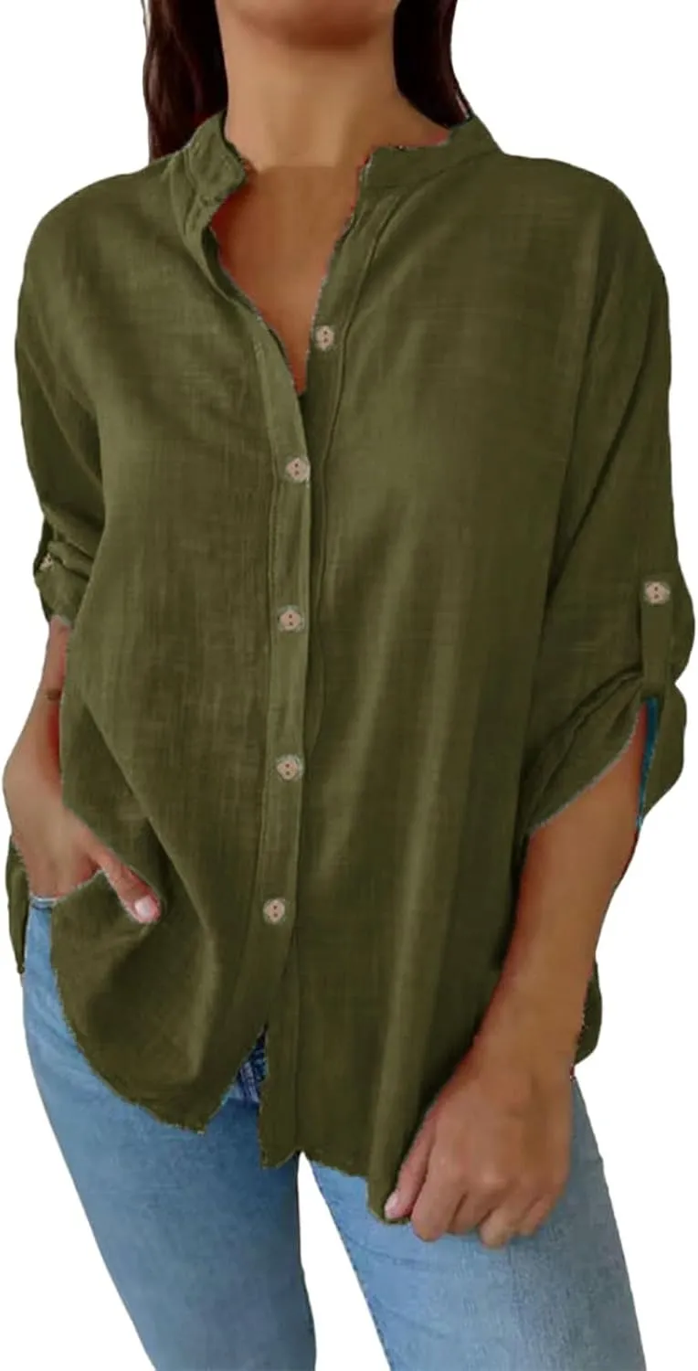 Boho Linen Button Up Shirt - Oversized Short Sleeve Blouse, Lightweight & Sheer-Resistant