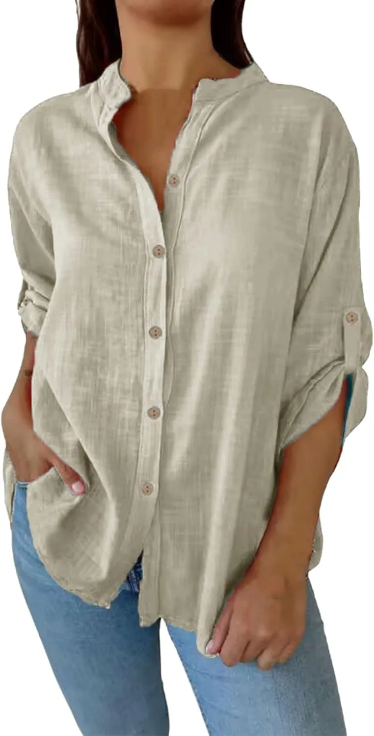 Boho Linen Button Up Shirt - Oversized Short Sleeve Blouse, Lightweight & Sheer-Resistant