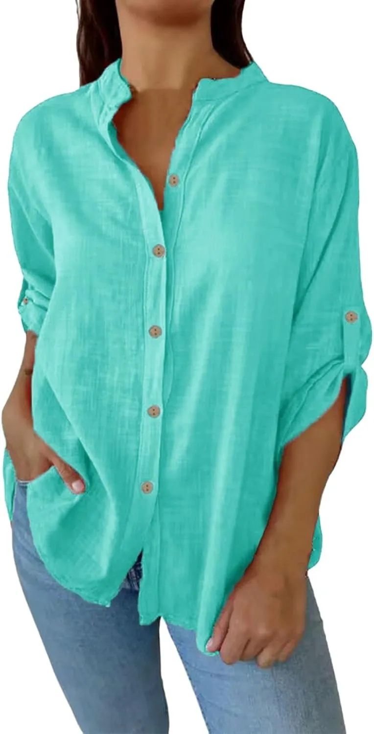 Boho Linen Button Up Shirt - Oversized Short Sleeve Blouse, Lightweight & Sheer-Resistant