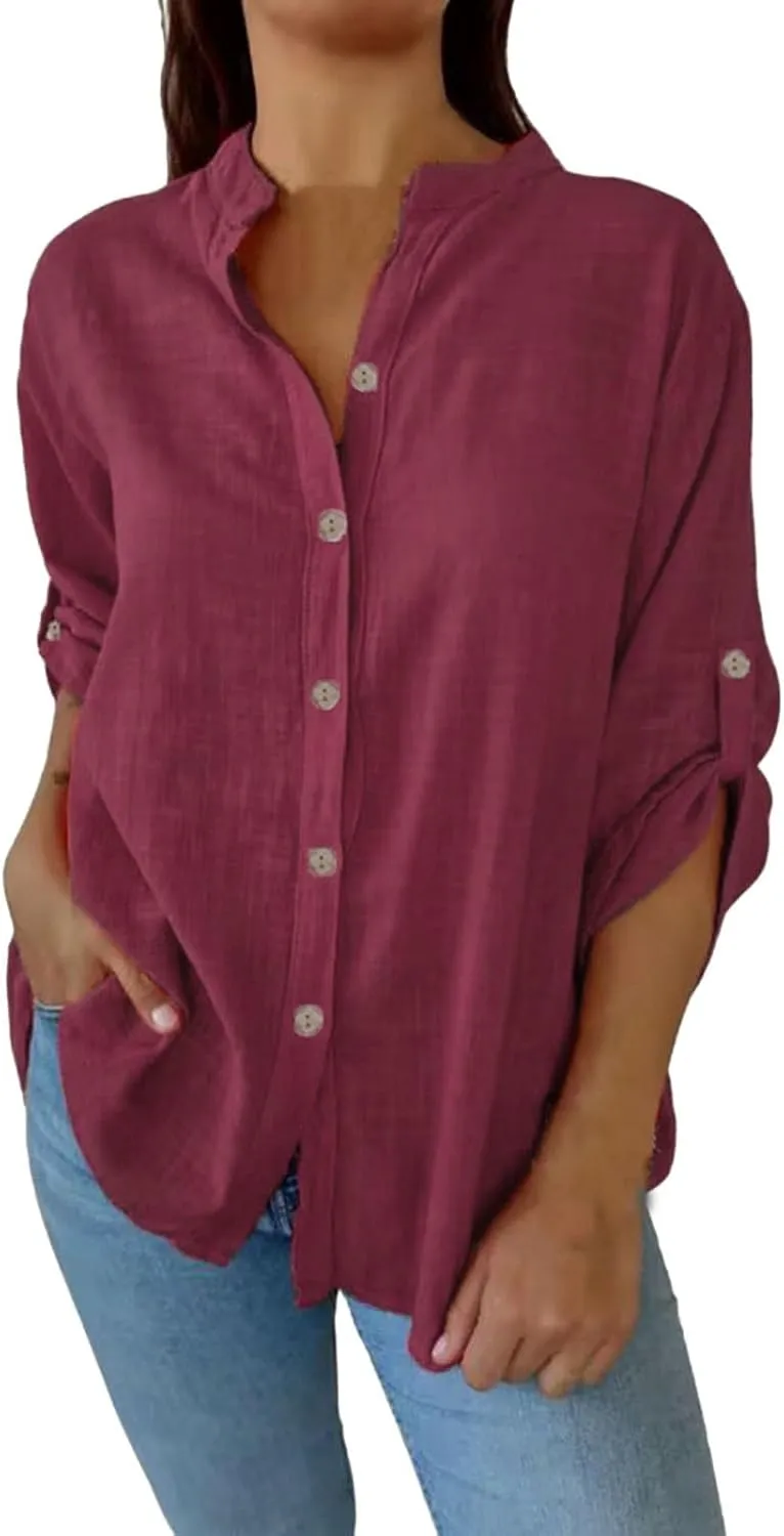 Boho Linen Button Up Shirt - Oversized Short Sleeve Blouse, Lightweight & Sheer-Resistant