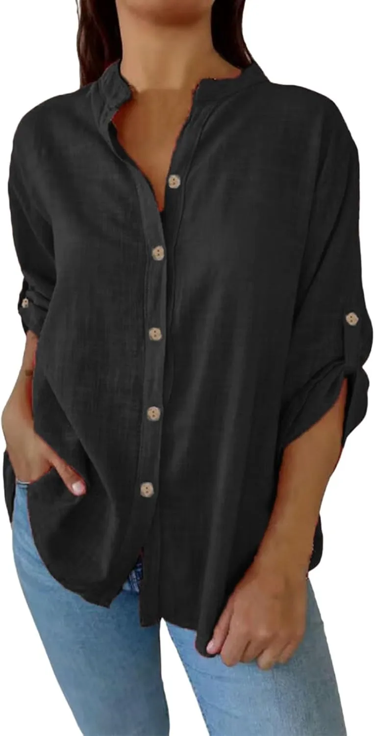 Boho Linen Button Up Shirt - Oversized Short Sleeve Blouse, Lightweight & Sheer-Resistant