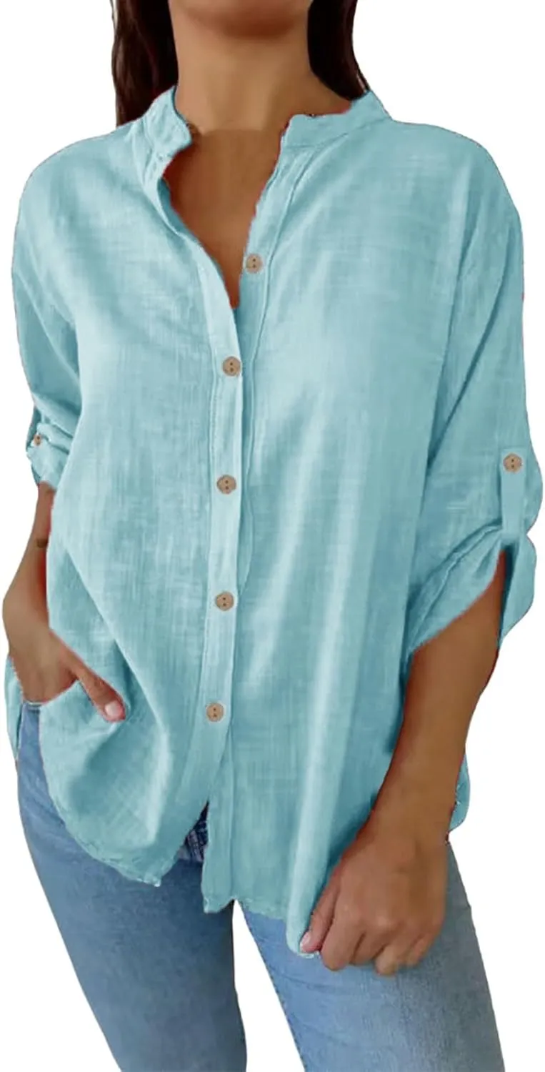 Boho Linen Button Up Shirt - Oversized Short Sleeve Blouse, Lightweight & Sheer-Resistant