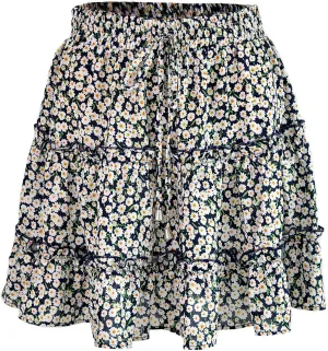 Boho Skirts for Women Summer Casual Stretchy Waisted Ruffle Tiered Skirt 2025 Floral Comfy Hawaiian Beach Flared Skort