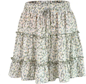 Boho Skirts for Women Summer Casual Stretchy Waisted Ruffle Tiered Skirt 2025 Floral Comfy Hawaiian Beach Flared Skort