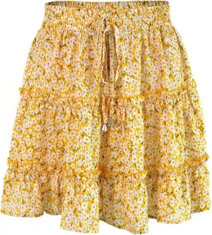 Boho Skirts for Women Summer Casual Stretchy Waisted Ruffle Tiered Skirt 2025 Floral Comfy Hawaiian Beach Flared Skort
