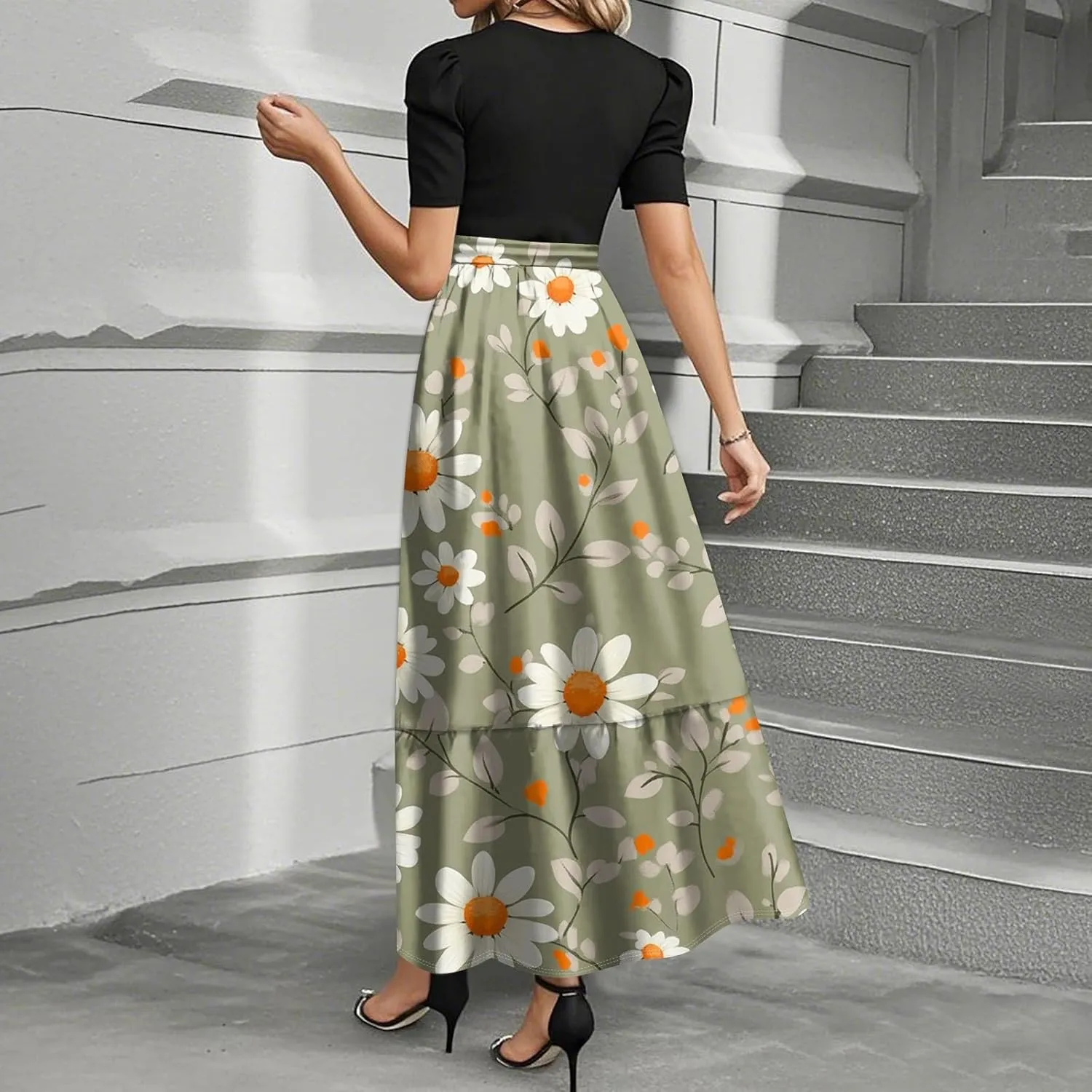 Boho Wedding Dress Plus Size Flowy Floral Maxi Dress Patchwork Ruffle Hem Elegant Outfit