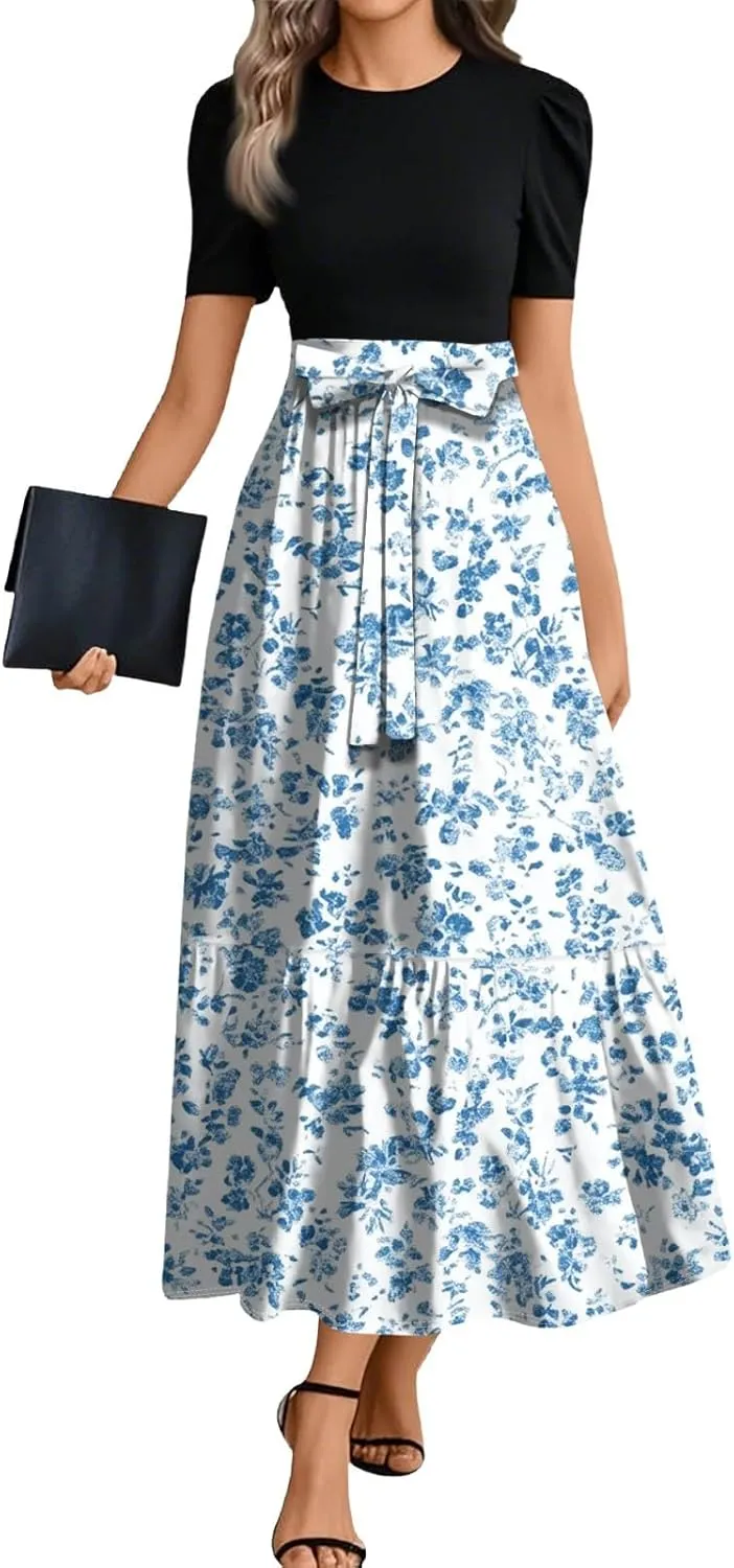 Boho Wedding Dress Plus Size Flowy Floral Maxi Dress Patchwork Ruffle Hem Elegant Outfit