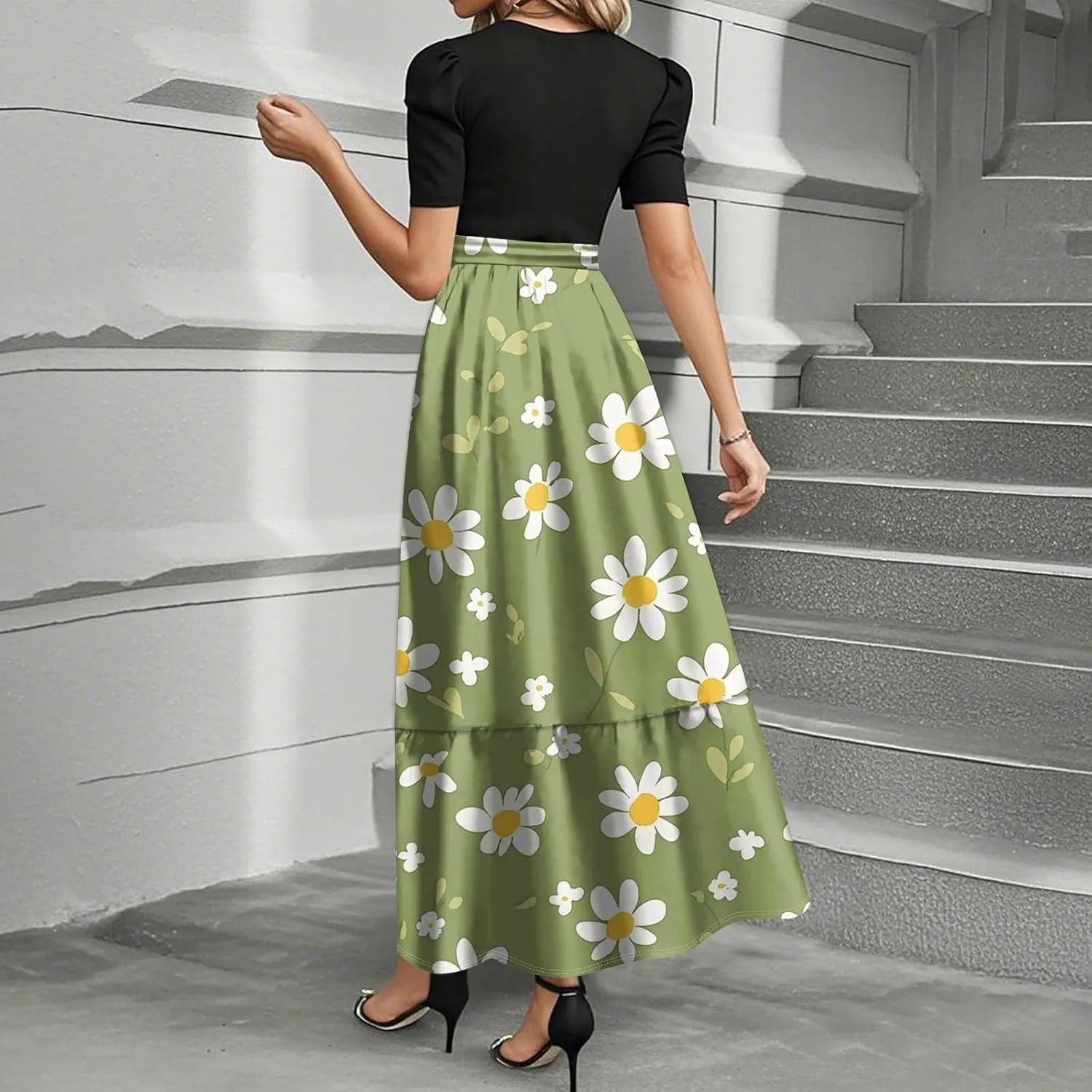 Boho Wedding Dress Plus Size Flowy Floral Maxi Dress Patchwork Ruffle Hem Elegant Outfit