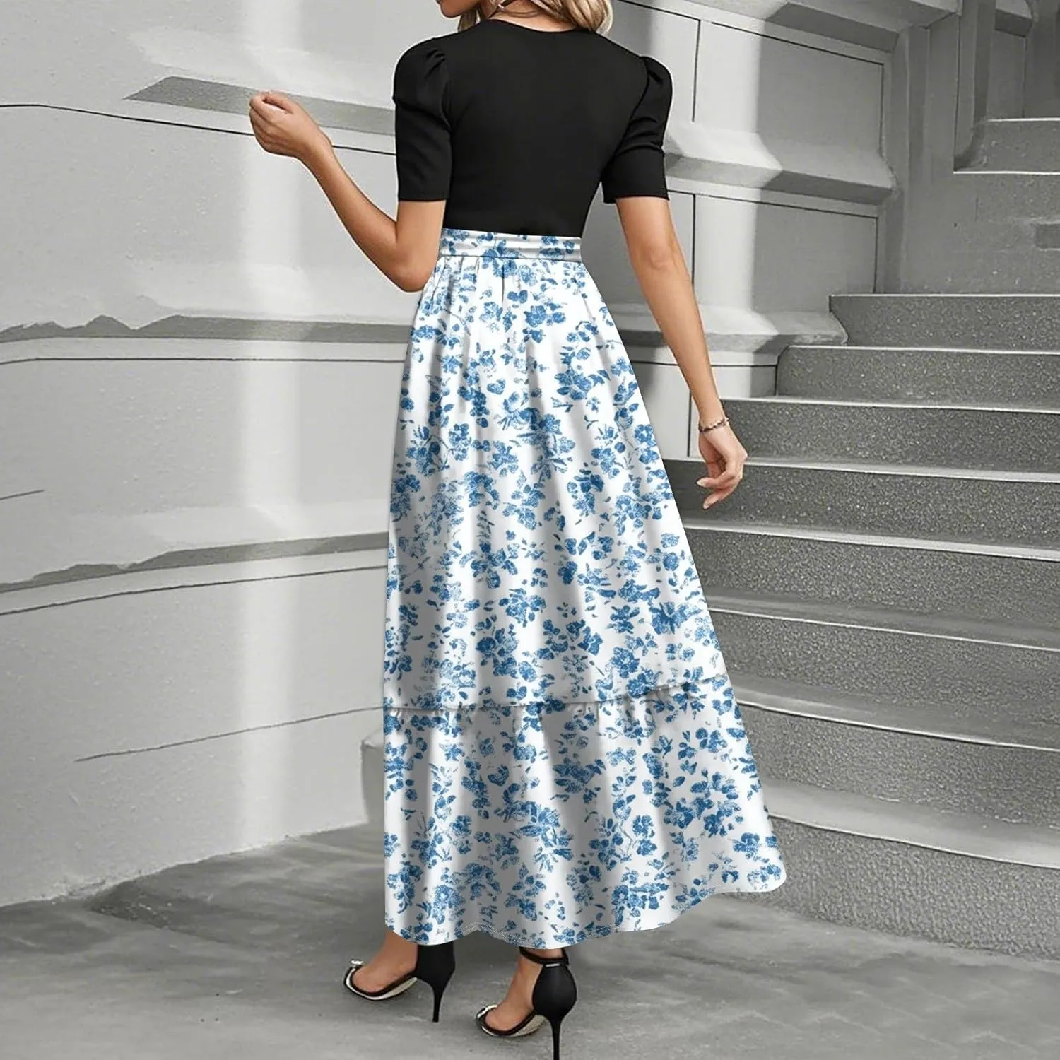 Boho Wedding Dress Plus Size Flowy Floral Maxi Dress Patchwork Ruffle Hem Elegant Outfit