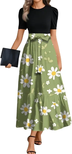 Boho Wedding Dress Plus Size Flowy Floral Maxi Dress Patchwork Ruffle Hem Elegant Outfit