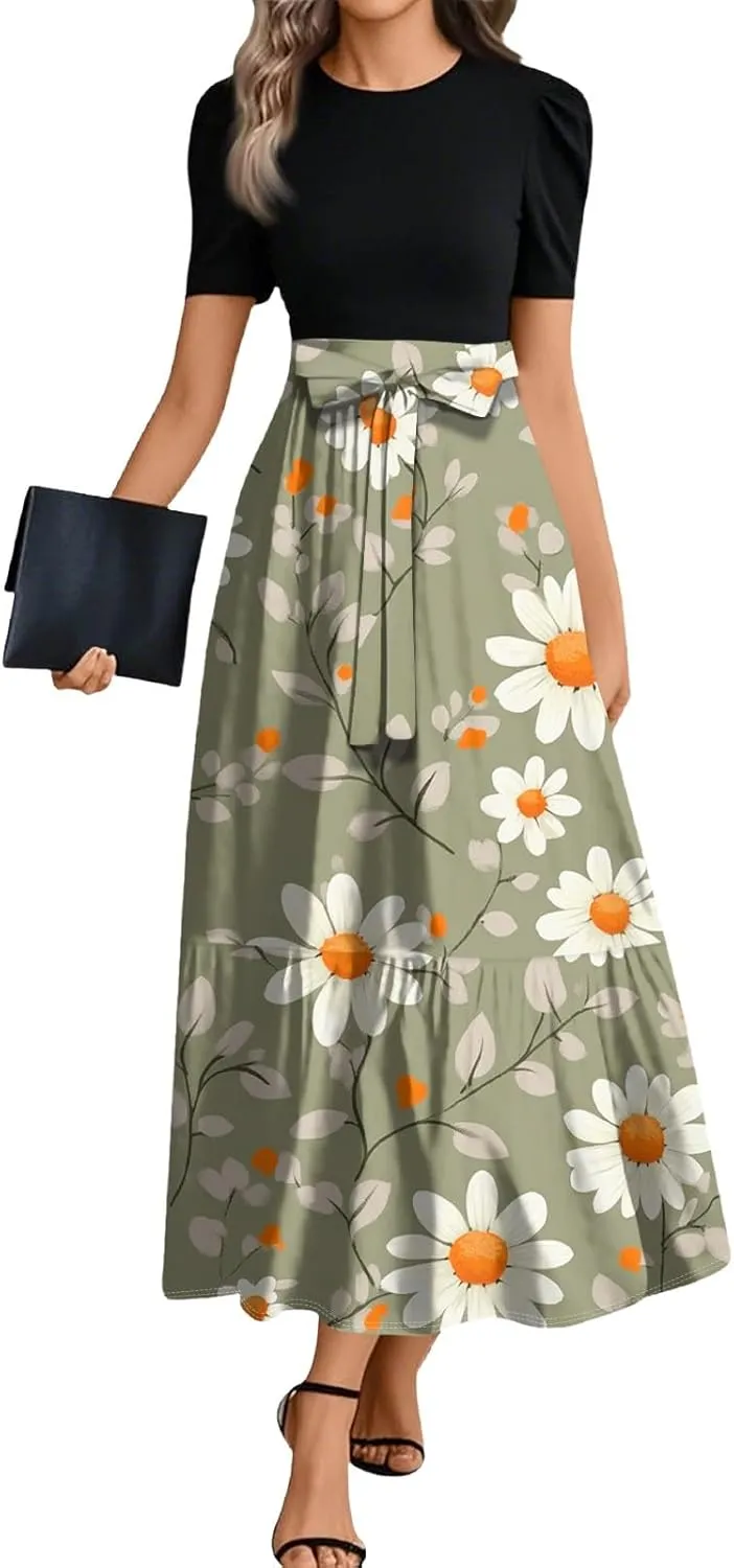 Boho Wedding Dress Plus Size Flowy Floral Maxi Dress Patchwork Ruffle Hem Elegant Outfit
