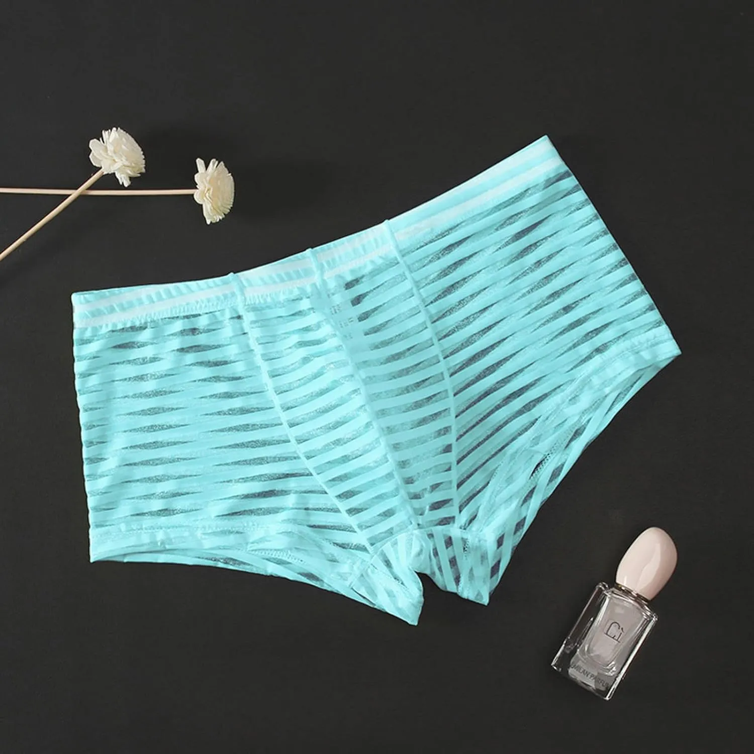 Boxer Briefs for Men Sexy Mid Waisted Cotton Breathable Striped Sheer Underwear Stretch Soft Pouch Comfortable Cool Trunks