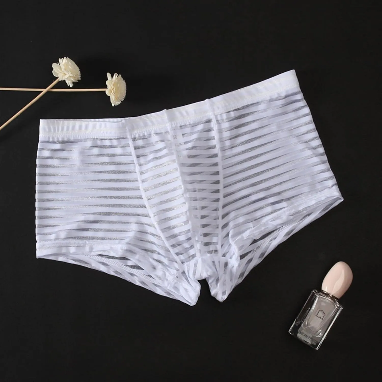 Boxer Briefs for Men Sexy Mid Waisted Cotton Breathable Striped Sheer Underwear Stretch Soft Pouch Comfortable Cool Trunks