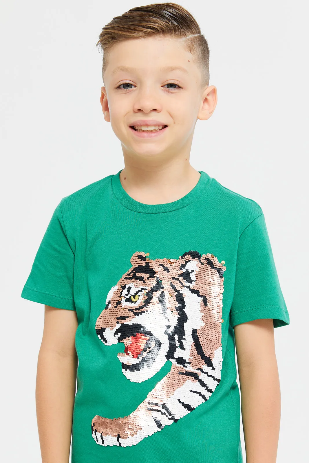 Boys Green Embellished With Sequence T-Shirt