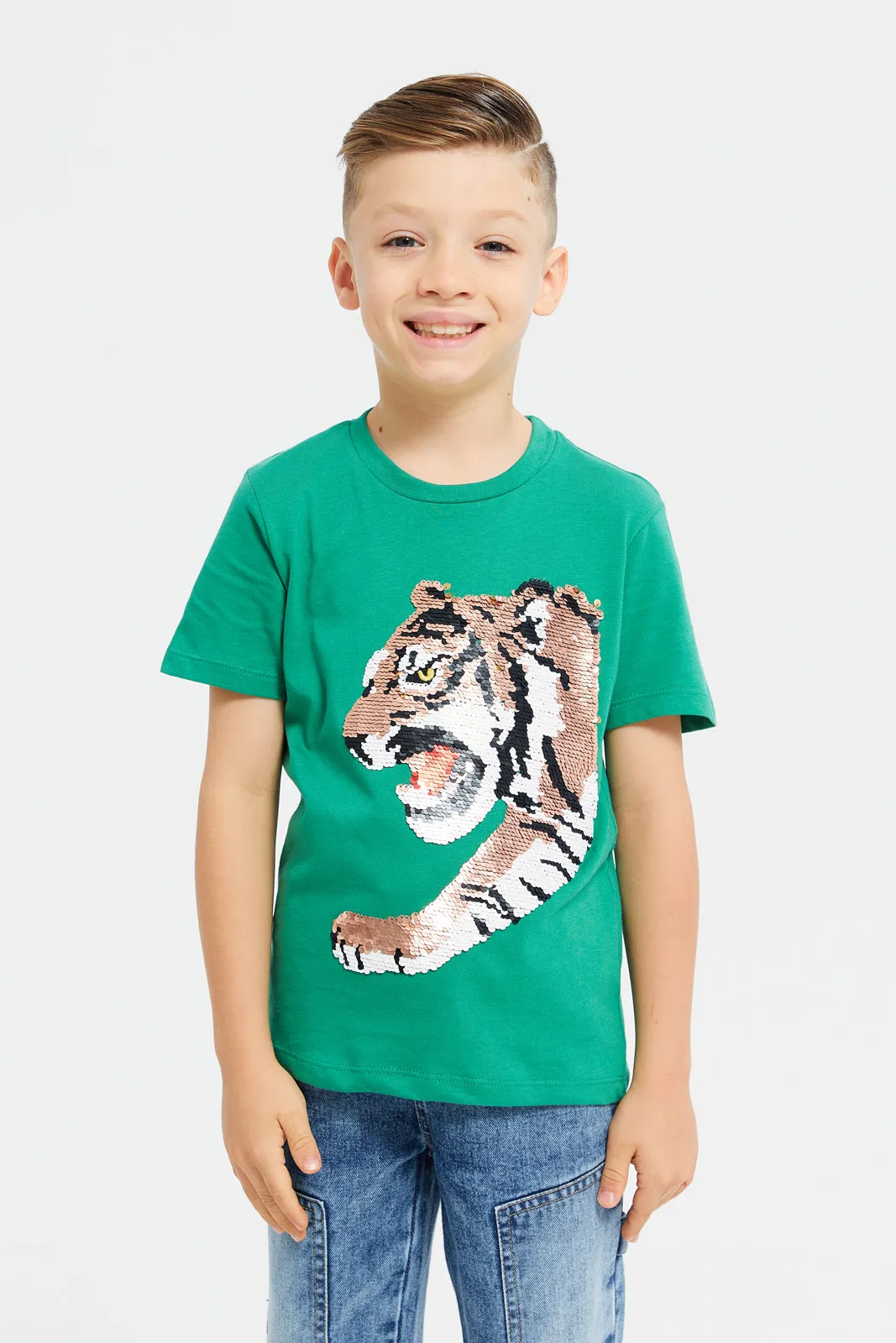 Boys Green Embellished With Sequence T-Shirt