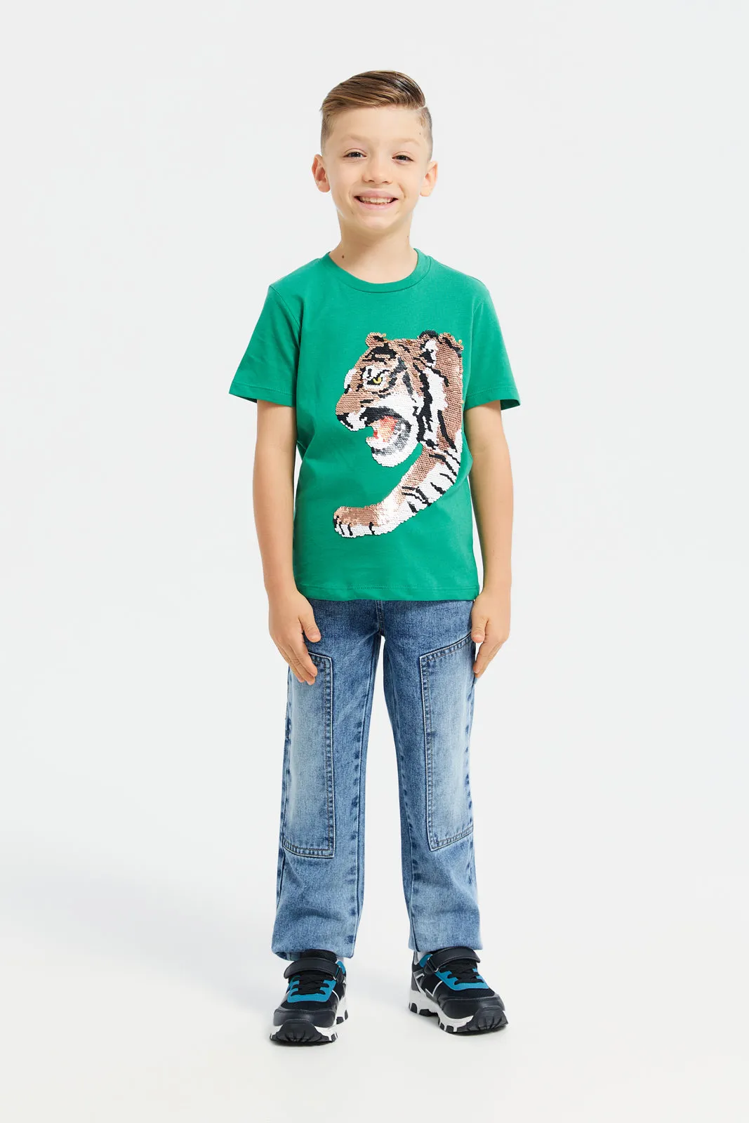 Boys Green Embellished With Sequence T-Shirt