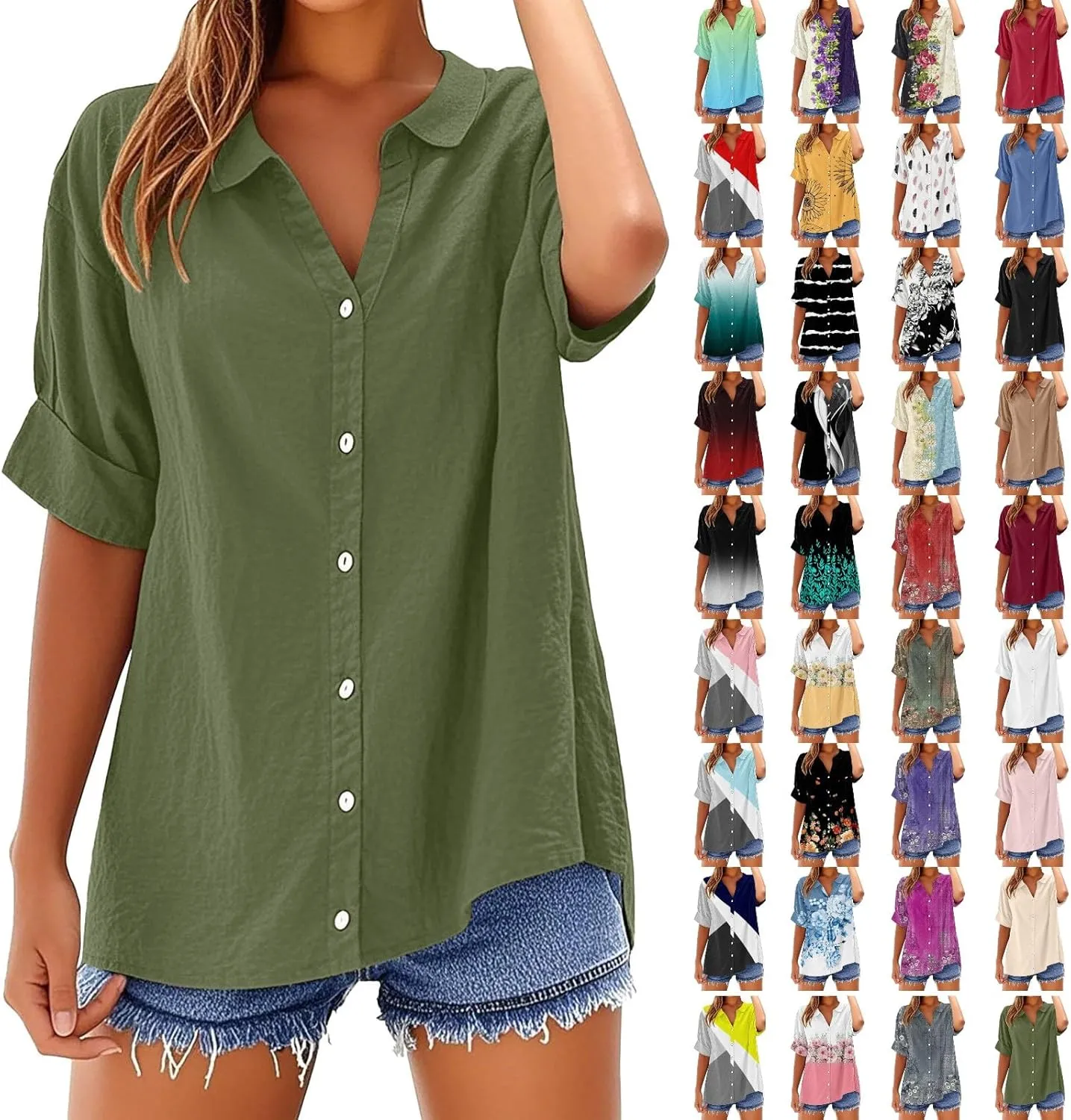 Breathable Linen Button-Up Top - Women's Soft Short Sleeve Blouse, Lightweight, Sheer-Resistant