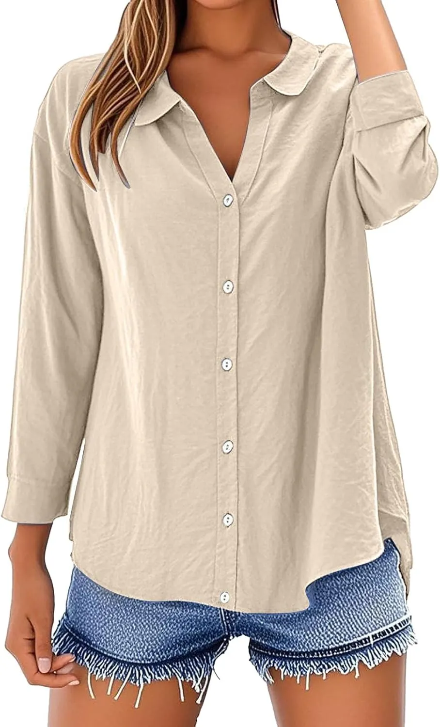 Breathable Linen Button-Up Top - Women's Soft Short Sleeve Blouse, Lightweight, Sheer-Resistant