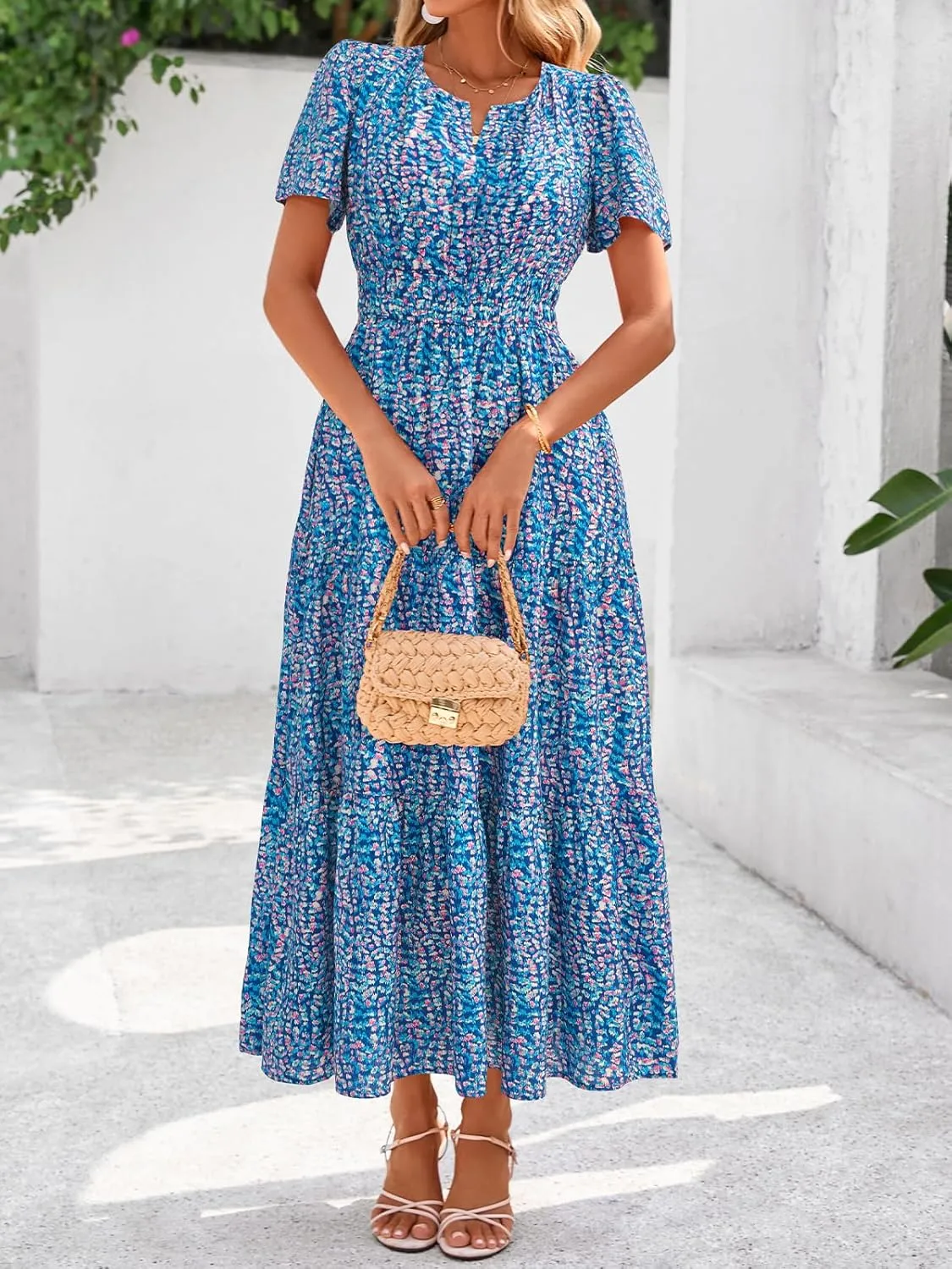 BTFBM Summer Dresses for Women 2025 Floral Casual Short Sleeve V Neck Elastic Waist Maxi Wedding Guest Dress Pockets