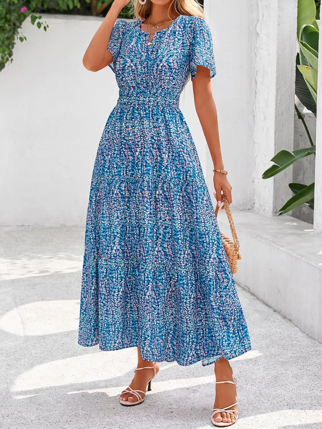 BTFBM Summer Dresses for Women 2025 Floral Casual Short Sleeve V Neck Elastic Waist Maxi Wedding Guest Dress Pockets