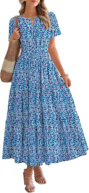 BTFBM Summer Dresses for Women 2025 Floral Casual Short Sleeve V Neck Elastic Waist Maxi Wedding Guest Dress Pockets