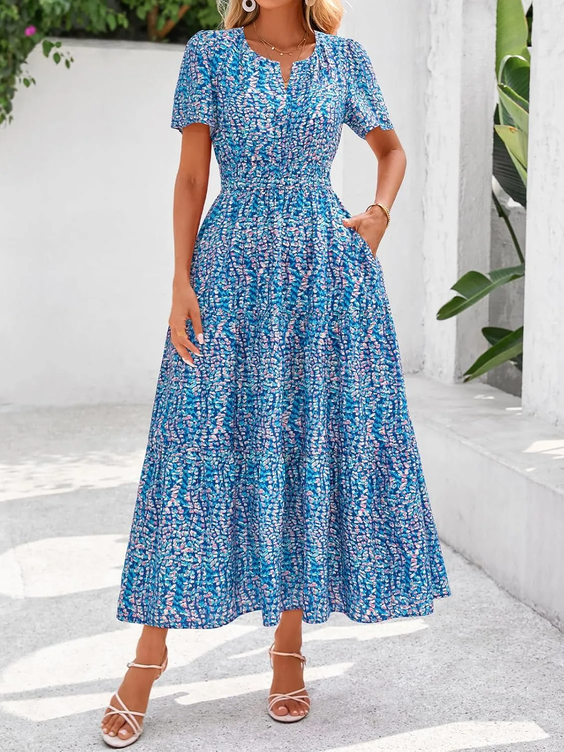 BTFBM Summer Dresses for Women 2025 Floral Casual Short Sleeve V Neck Elastic Waist Maxi Wedding Guest Dress Pockets