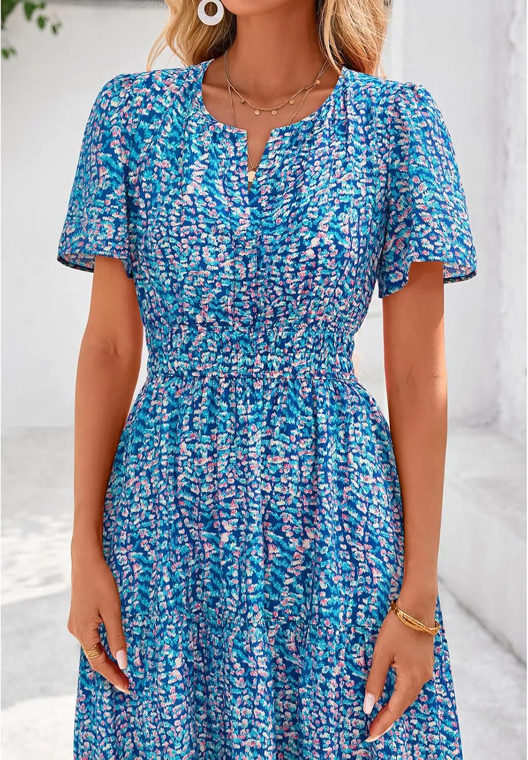 BTFBM Summer Dresses for Women 2025 Floral Casual Short Sleeve V Neck Elastic Waist Maxi Wedding Guest Dress Pockets