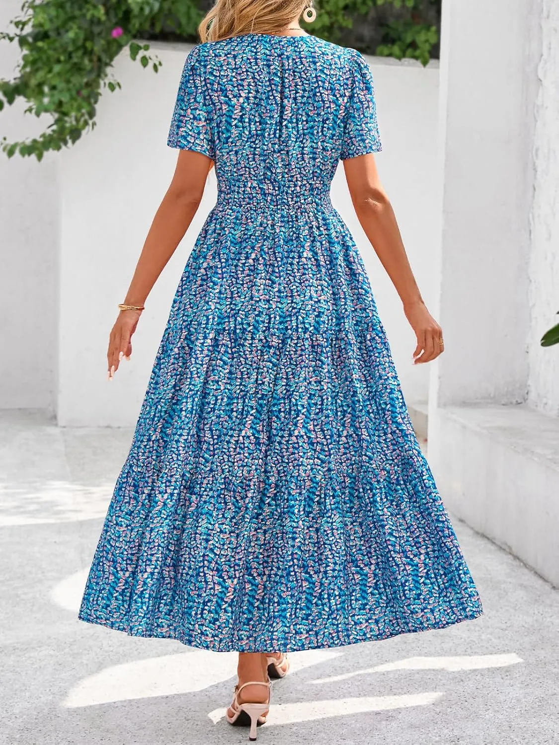 BTFBM Summer Dresses for Women 2025 Floral Casual Short Sleeve V Neck Elastic Waist Maxi Wedding Guest Dress Pockets