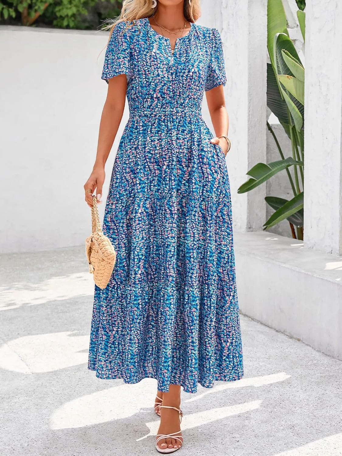 BTFBM Summer Dresses for Women 2025 Floral Casual Short Sleeve V Neck Elastic Waist Maxi Wedding Guest Dress Pockets