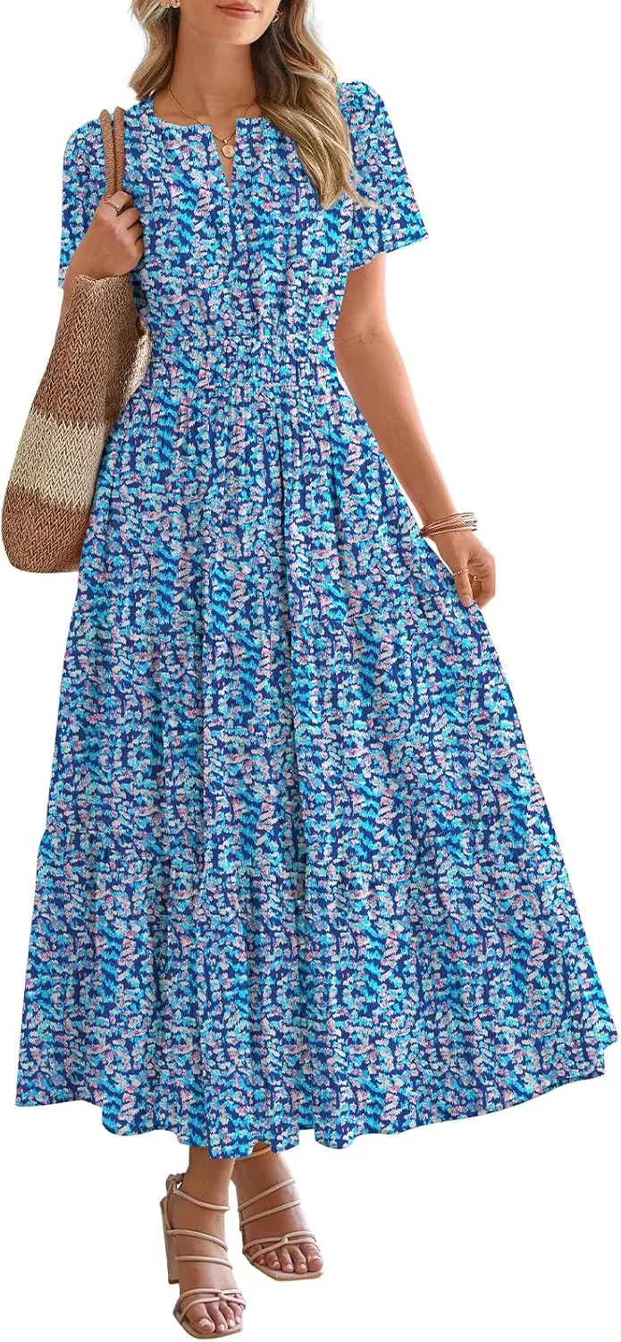 BTFBM Summer Dresses for Women 2025 Floral Casual Short Sleeve V Neck Elastic Waist Maxi Wedding Guest Dress Pockets
