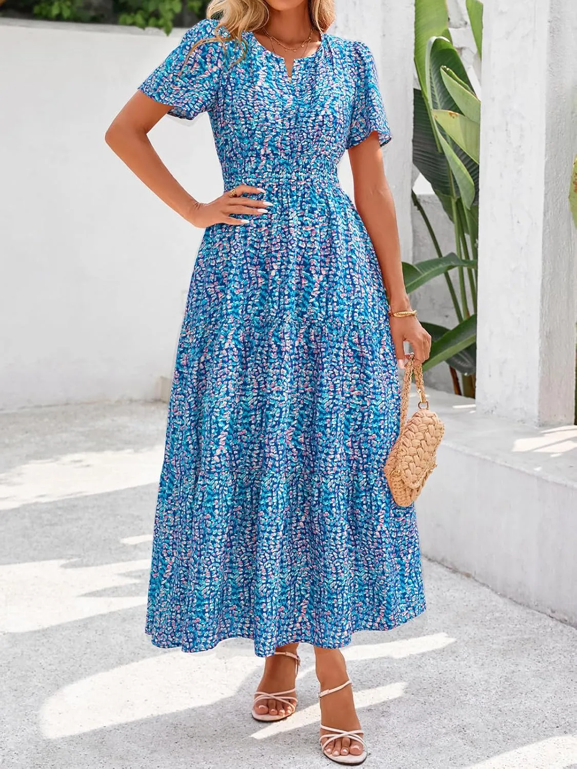 BTFBM Summer Dresses for Women 2025 Floral Casual Short Sleeve V Neck Elastic Waist Maxi Wedding Guest Dress Pockets