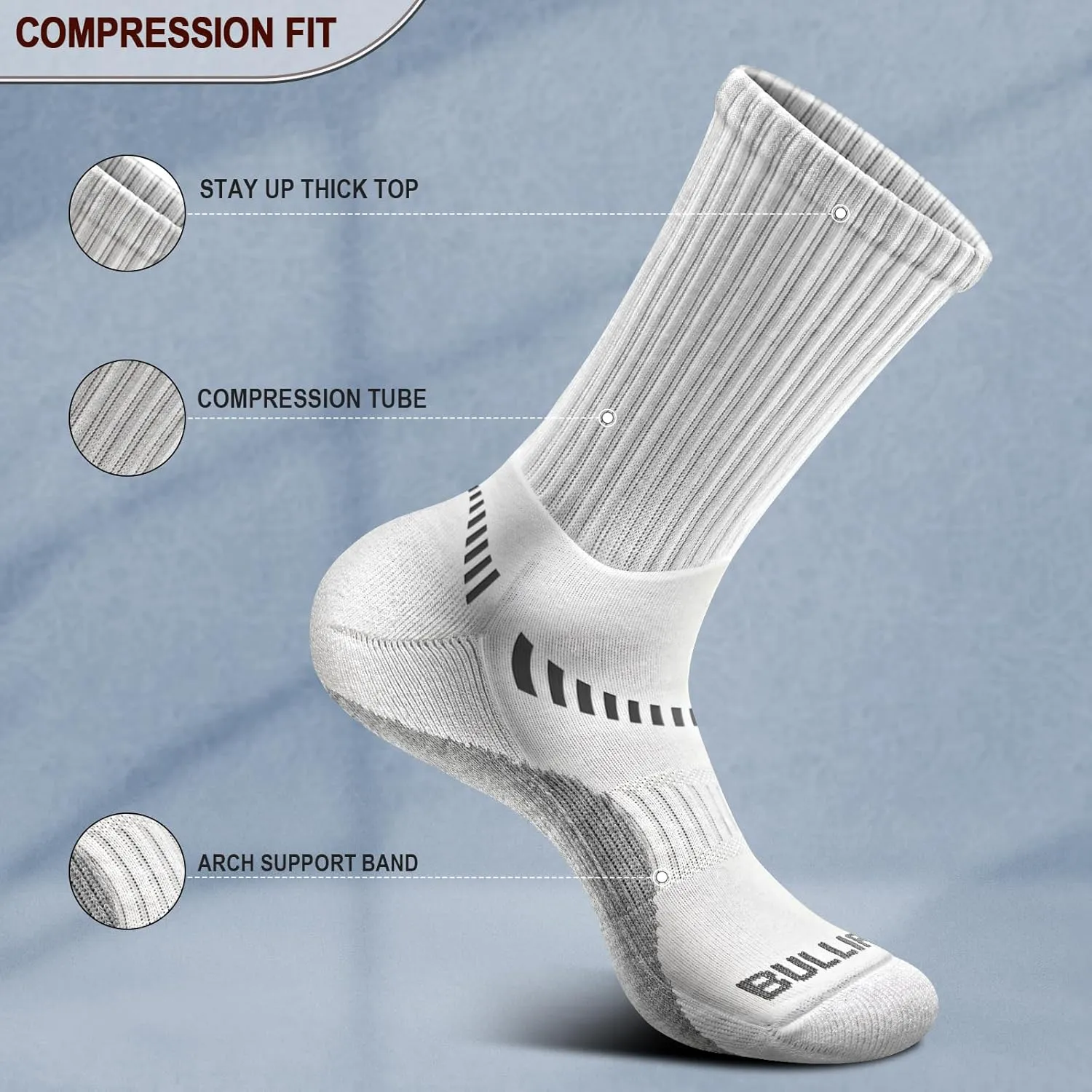 BULLIANT Men Athletic Socks, Compression Sports Crew Socks Cushioned For Men Outdoor Running Hiking-Arch Compression Support