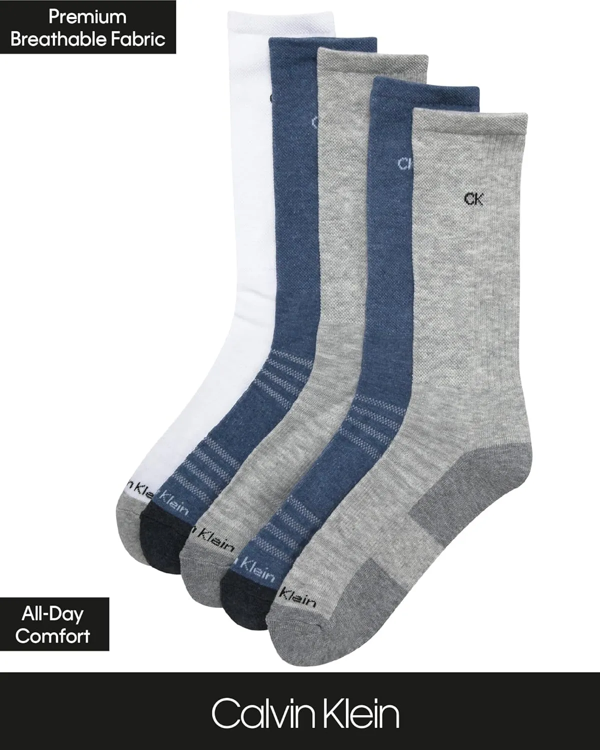 Calvin Klein Mens Crew Socks - 5 Pack Breathable Cushion Crew Athletic Mid-Calf Socks for Men for Running and Workout (7-12)