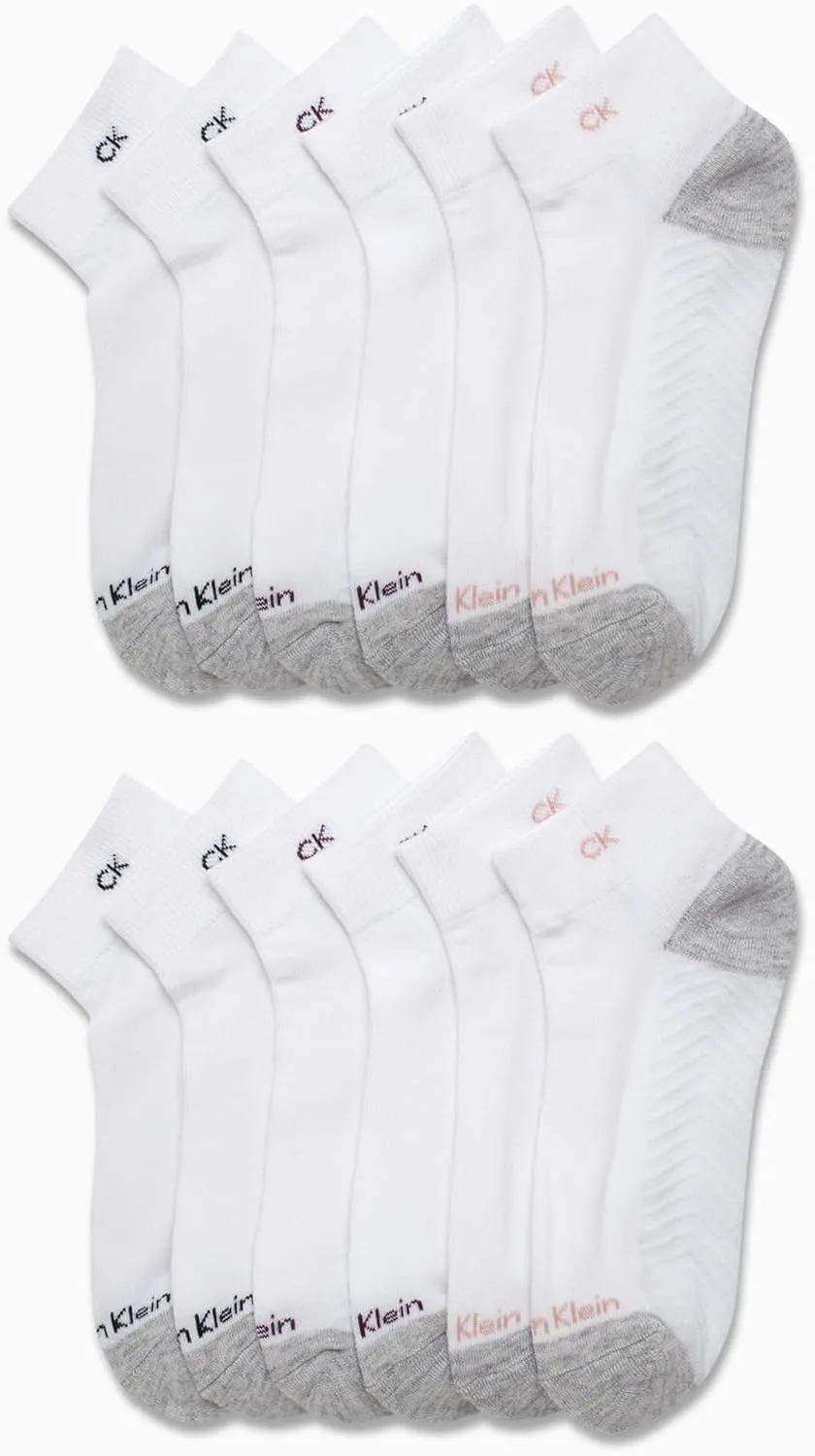 Calvin Klein Women's Quarter Socks - 12-Pack Performance Cushioned Ankle Running Socks for Womens Athletic Use (Sizes 4-10)