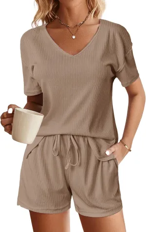 Canbebig 2 Piece Pajamas for Women Ribbed Knit Sets Short Sleeve V Neck T Shirts and Shorts Lounge Sets Casual Tracksuits