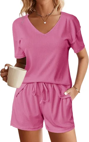 Canbebig 2 Piece Pajamas for Women Ribbed Knit Sets Short Sleeve V Neck T Shirts and Shorts Lounge Sets Casual Tracksuits