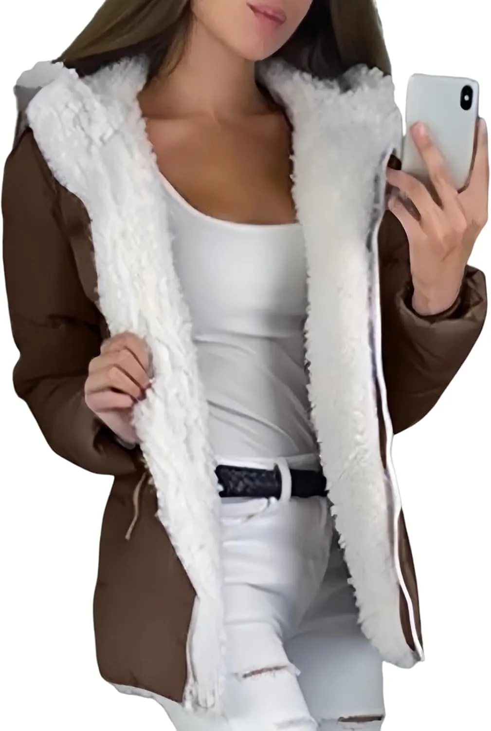 Canbebig Women's Faux Shearling Lined Full Zip Hooded Jacket Fluffy Fuzzy Fleece Sherpa Padded Coat Winter Outerwear Pockets